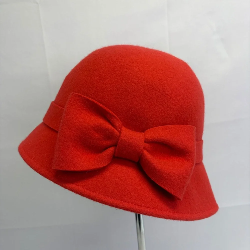 Kate Spade New York Wool Felt 1920s style Cloche Bucket Hat Red Bow